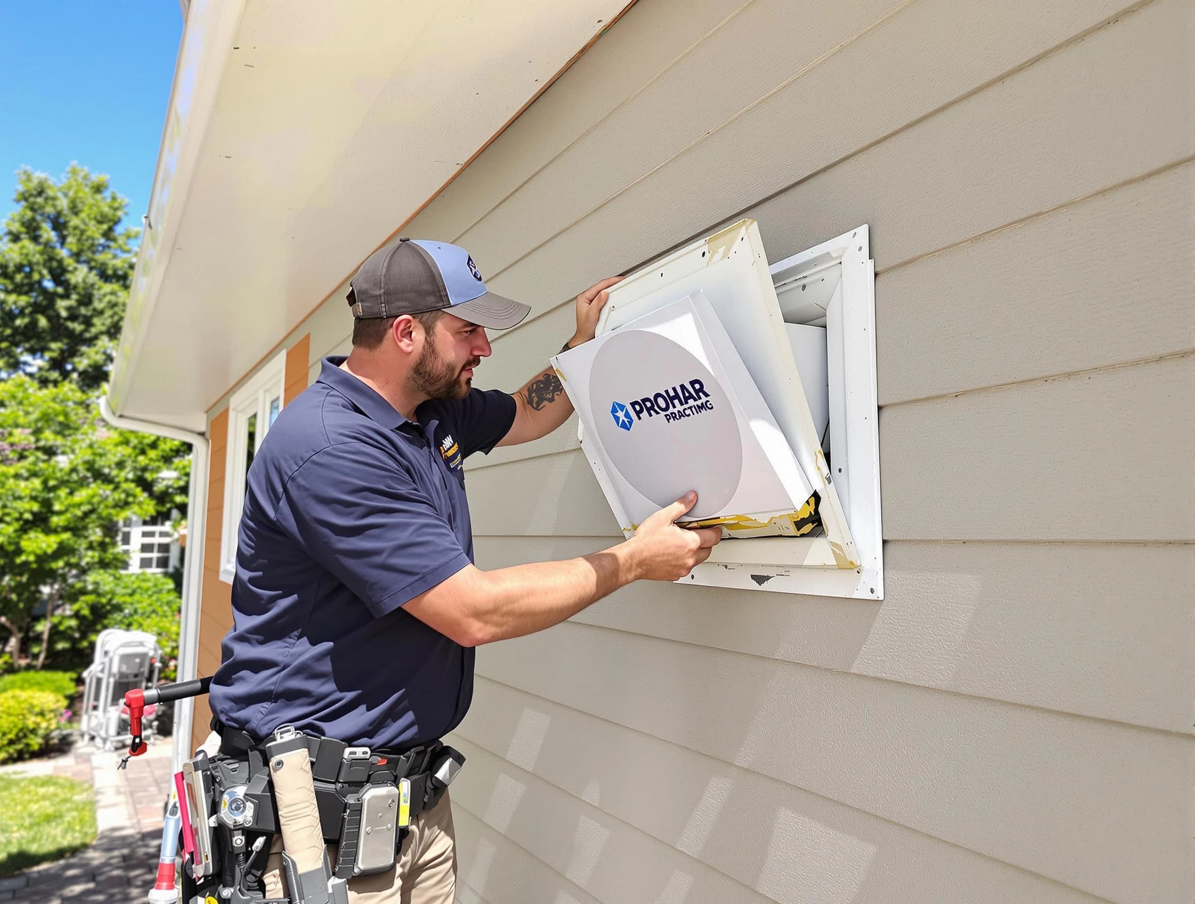 Stonegate Dryer Vent Cleaning technician installing a new protective dryer vent cover on a home in Stonegate