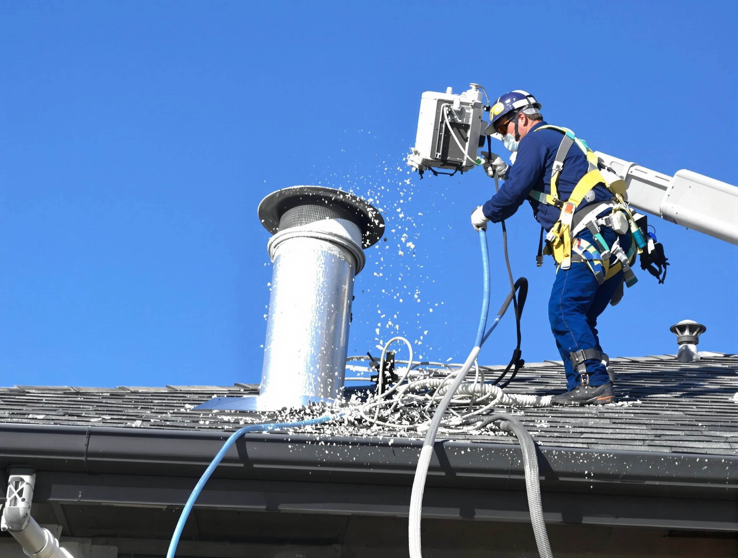Stonegate Dryer Vent Cleaning certified technician safely cleaning a roof-mounted dryer vent in Stonegate